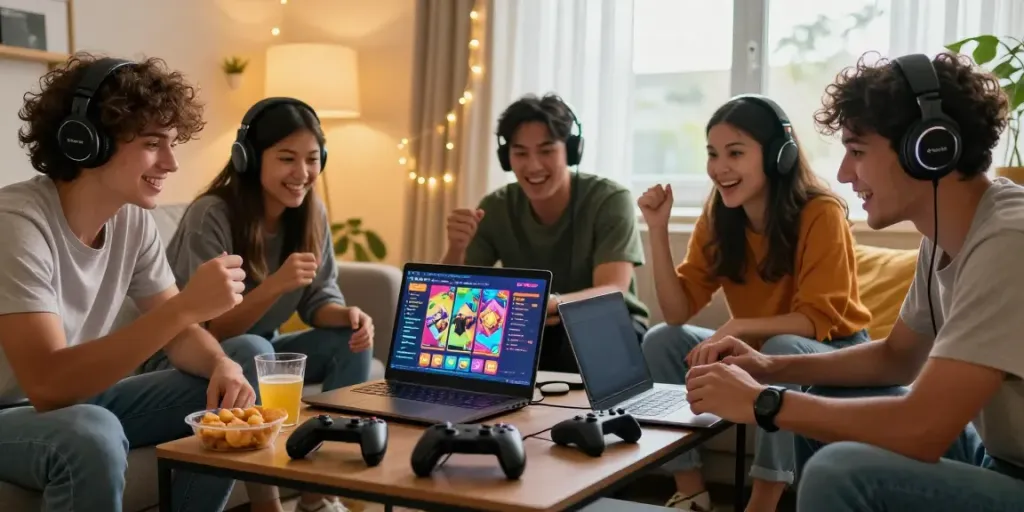 Group of friends enjoying judi slot online together in a cozy living room.