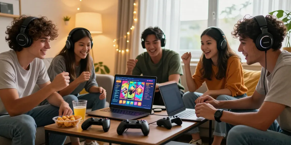 Group of friends enjoying judi slot online together in a cozy living room.