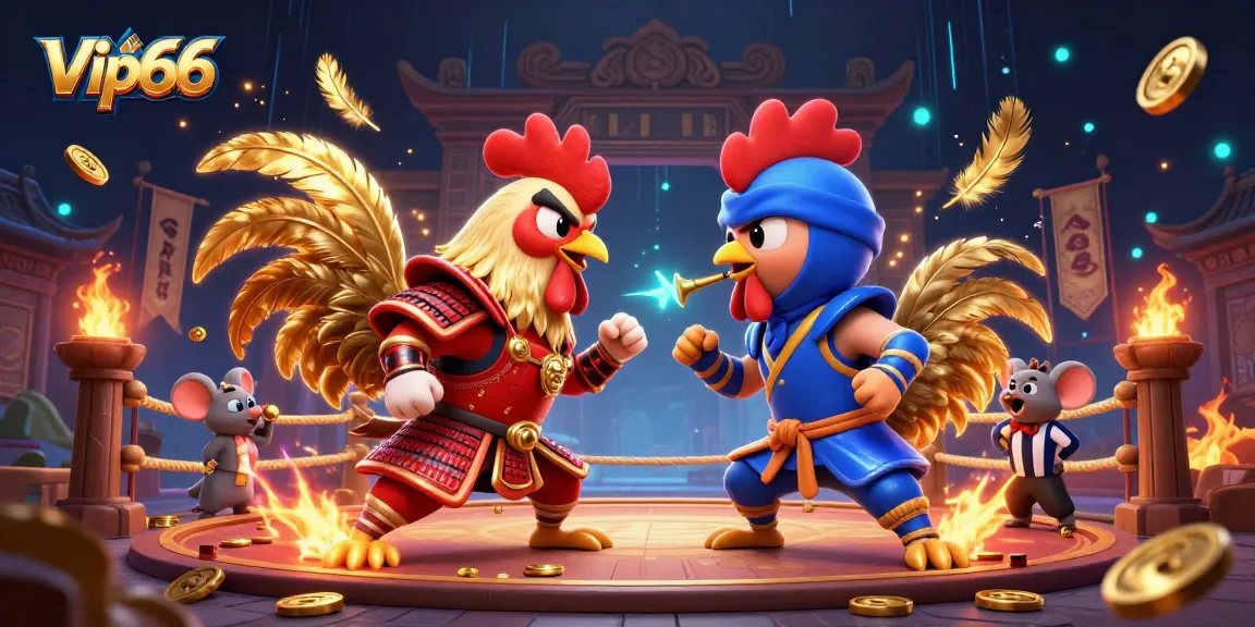 Experience thrilling bets with Vip66 in a vibrant rooster fight arena featuring samurai and ninja.