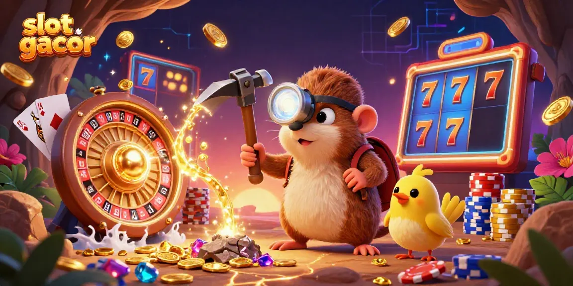 Experience slot gacor excitement with a vibrant illustration featuring a treasure hunter mole and dynamic casino elements.