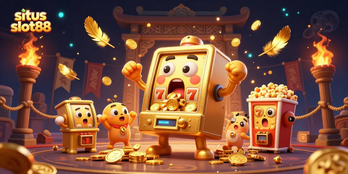 Situs slot88 menampilkan mesin slot emas 3D yang terkejut, hadiahnya melimpah dengan koin emas dan simbol bertema