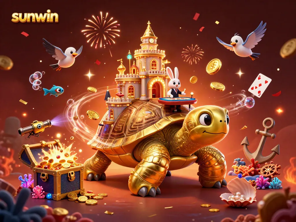 Experience the thrilling entertainment of sunwin featuring a golden tortoise casino, rabbit dealer, and flying coins.