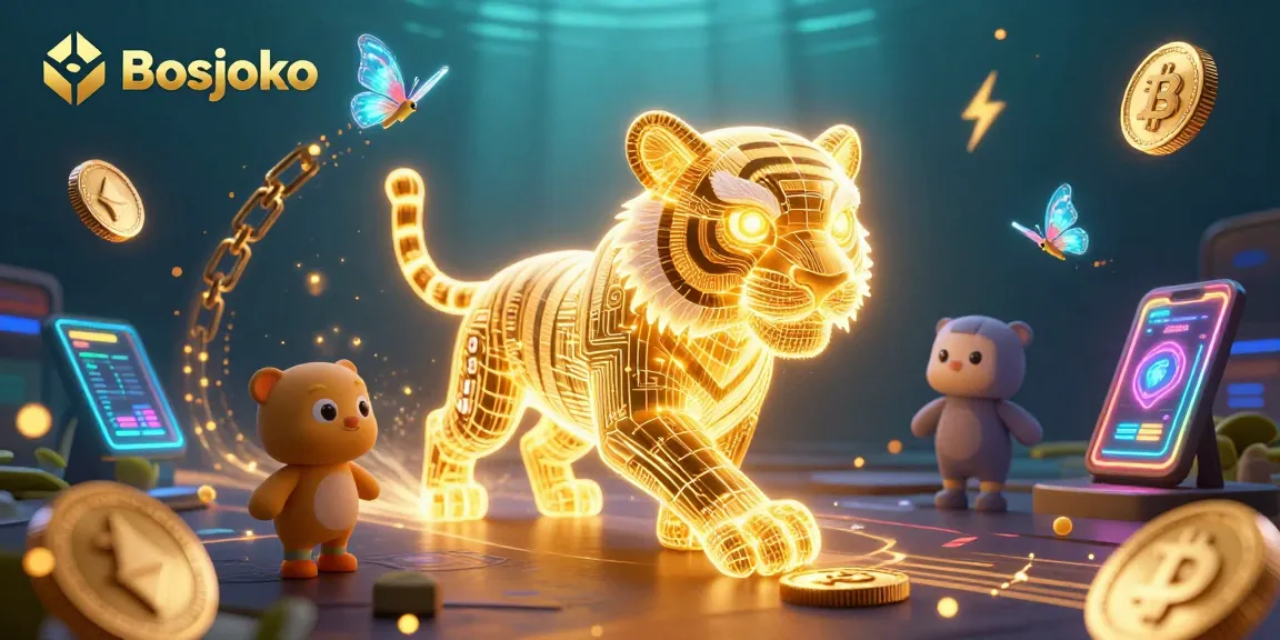 Engage with Bosjoko's vibrant digital casino illustrated by a golden tiger amid neon coins.