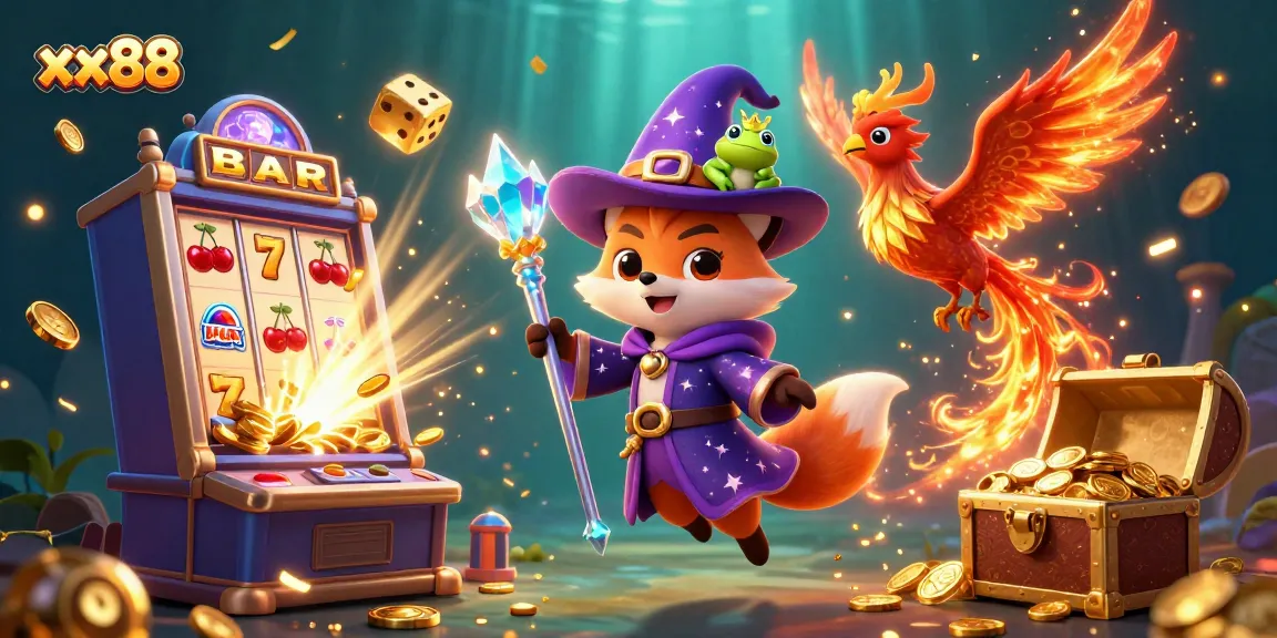 Experience the excitement of xx88 with a wizard fox and phoenix in a vibrant casino scene.