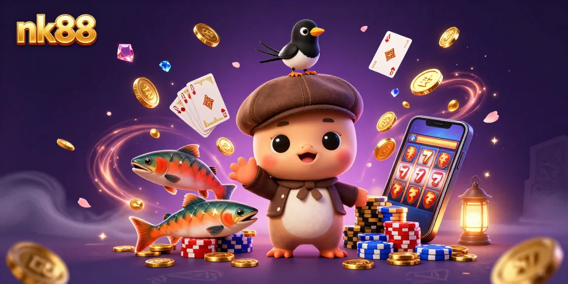 Engaging nk88 illustration featuring lively characters in a vibrant casino-themed scene with rich details.