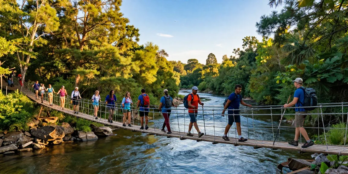 Adventurers crossing a River Rope Bridge over a scenic river, surrounded by lush greenery, enhancing their outdoor experience.