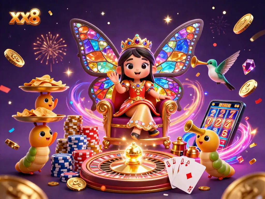 Engage in thrilling casino games at xx8, guided by a magical butterfly queen in a vibrant scene.