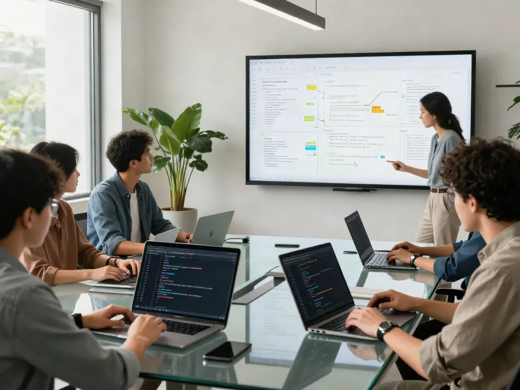 Innovative team collaborating on unfiltered AI chat platform at a modern workspace
