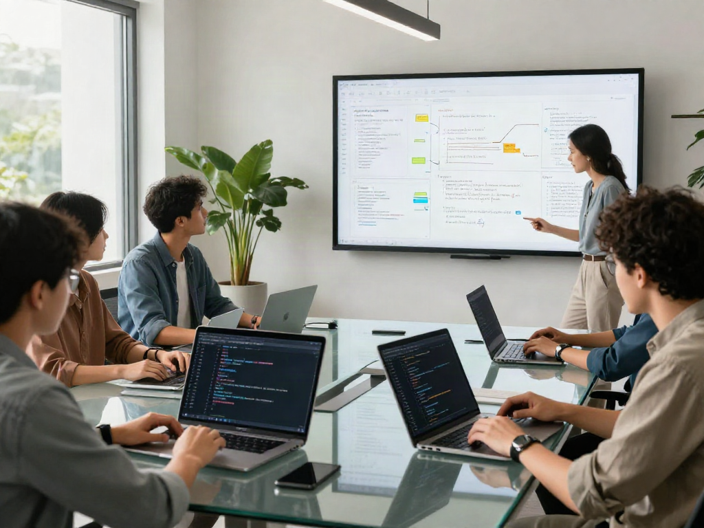 Innovative team collaborating on unfiltered AI chat platform at a modern workspace