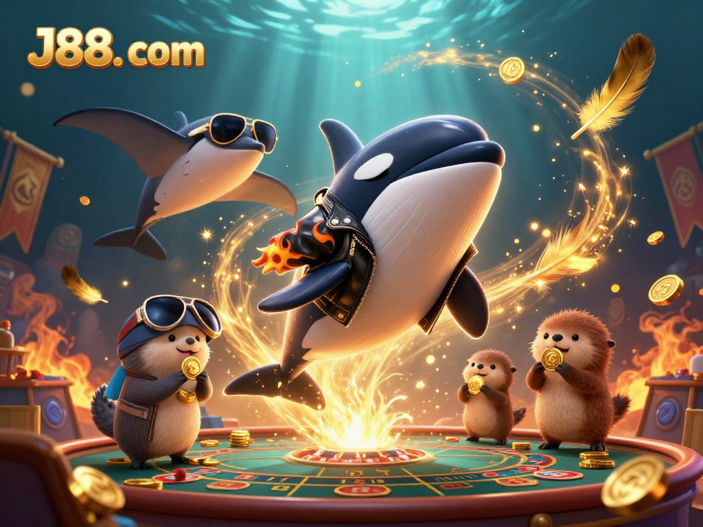 Engage with J88. com's thrilling casino experience featuring playful sea creatures and dynamic gambling elements.