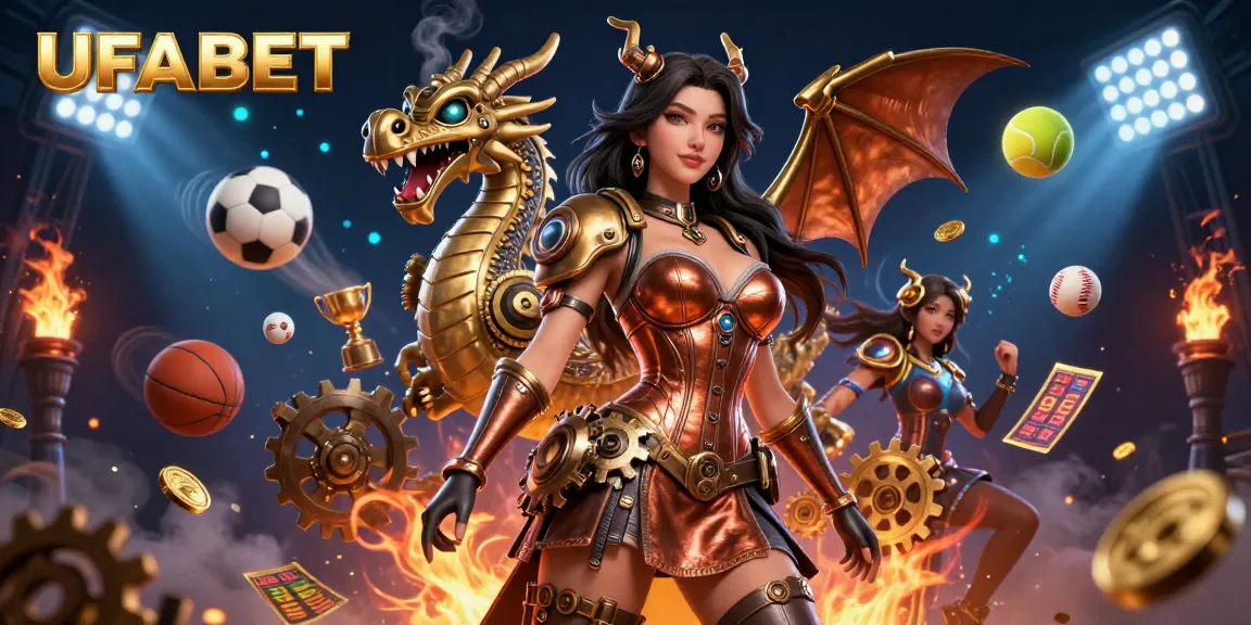 Experience high-stakes action at UFABET with this vibrant 3D illustration of dynamic casino activities and games.