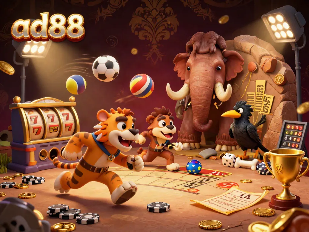 Experience the excitement of ad88 with a cartoon-style casino scene featuring playful cavemen, tigers, and dynamic games.