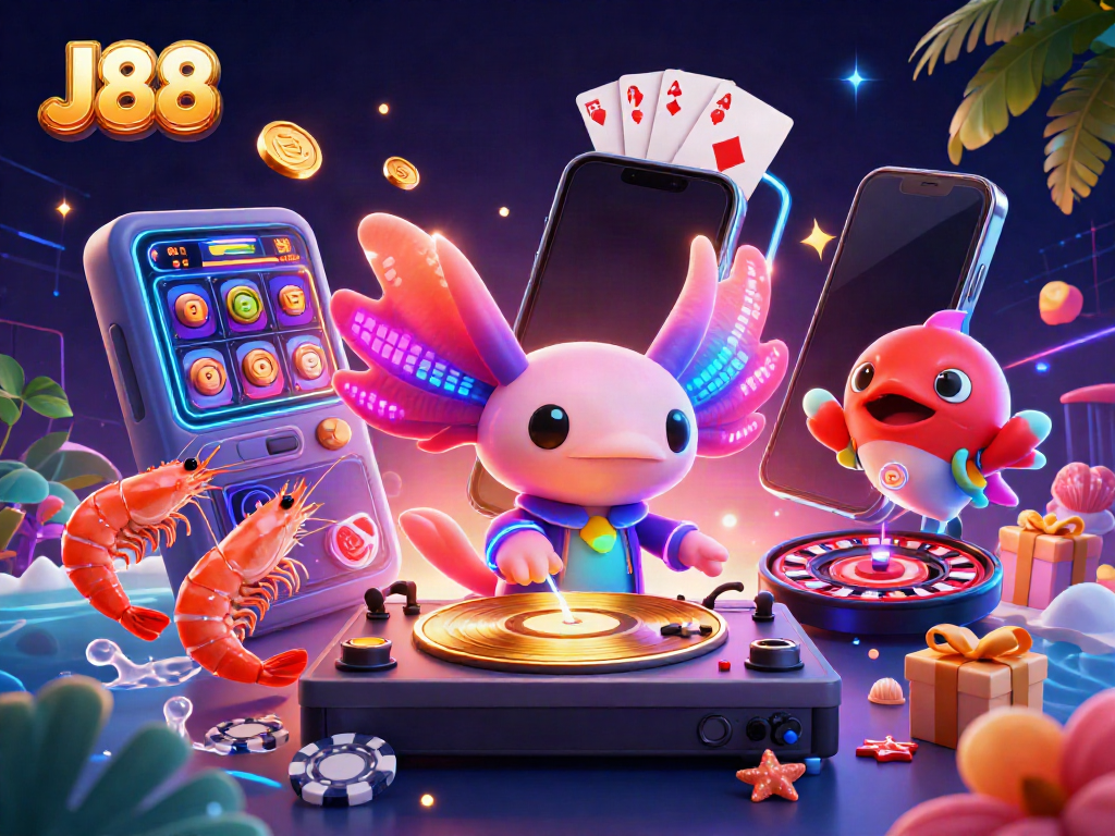 Experience the excitement of J88 with a vibrant axolotl DJ and underwater casino games.