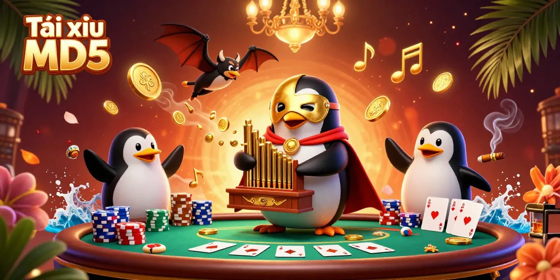 Experience exciting Tài xỉu MD5 gameplay with a 3D cartoon penguin and dramatic casino elements.