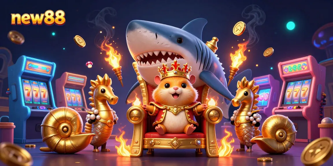 Experience the thrill of new88 with a golden hamster king amidst vibrant casino game elements.