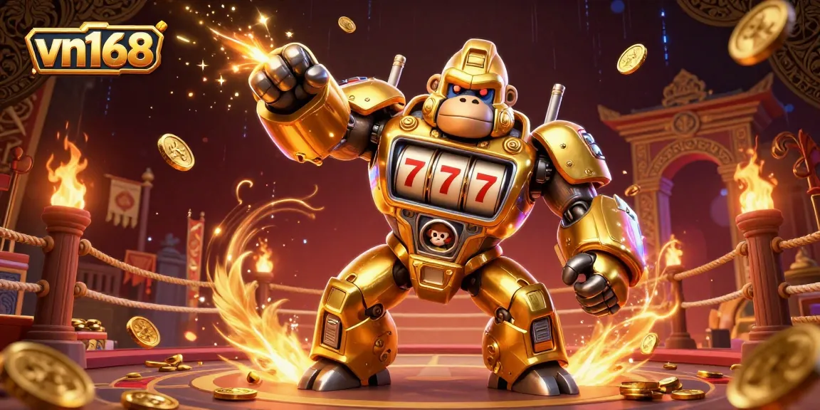 Engage with vn168's exciting casino experience featuring a golden gorilla mech with slot machine parts.