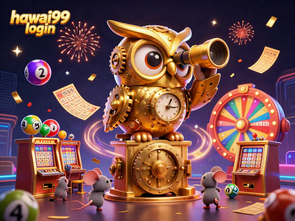 Join the fun in hawai99 login with vibrant lottery balls and a golden owl overseeing a lively casino.