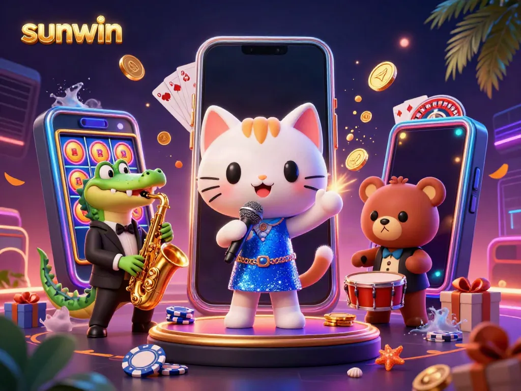 Experience thrilling casino moments with sunwin's vibrant characters and games in a colorful 3D illustration.