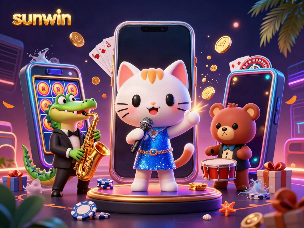Experience thrilling casino moments with sunwin's vibrant characters and games in a colorful 3D illustration.