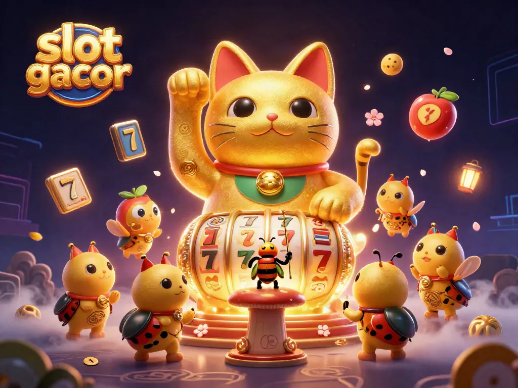 Gambarkan keberuntungan dalam slot gacor dengan kucing keberuntungan yang dikelilingi simbol kasino.