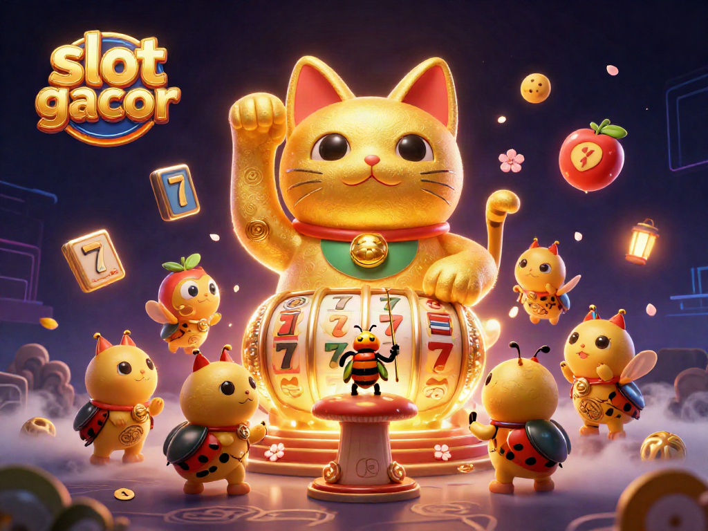 Gambarkan keberuntungan dalam slot gacor dengan kucing keberuntungan yang dikelilingi simbol kasino.