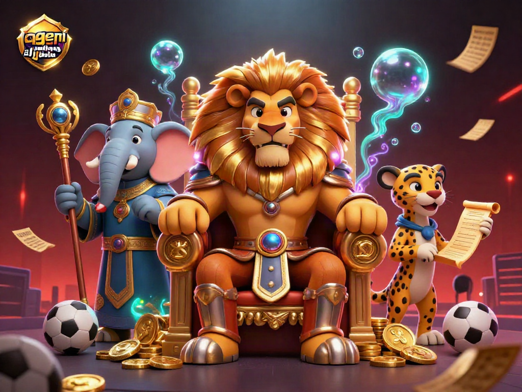 Engage in thrilling sports betting with agen judi bola showcasing a lion king, wise elephant, and swift cheetah.