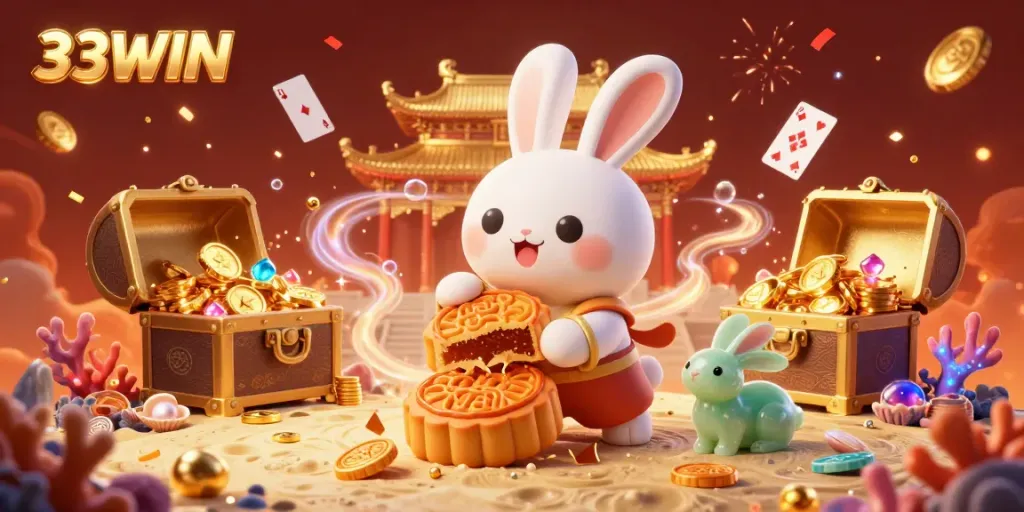 33WIN showcases the moon rabbit creating winning moments with poker chips in an exciting casino illustration.