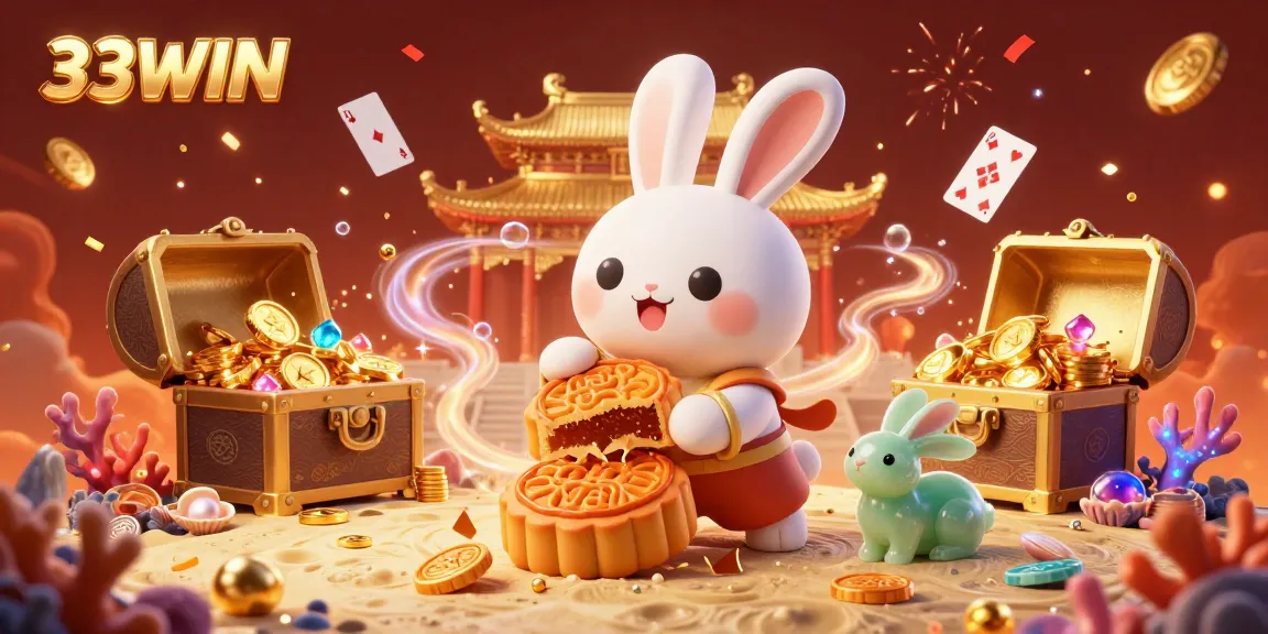33WIN showcases the moon rabbit creating winning moments with poker chips in an exciting casino illustration.
