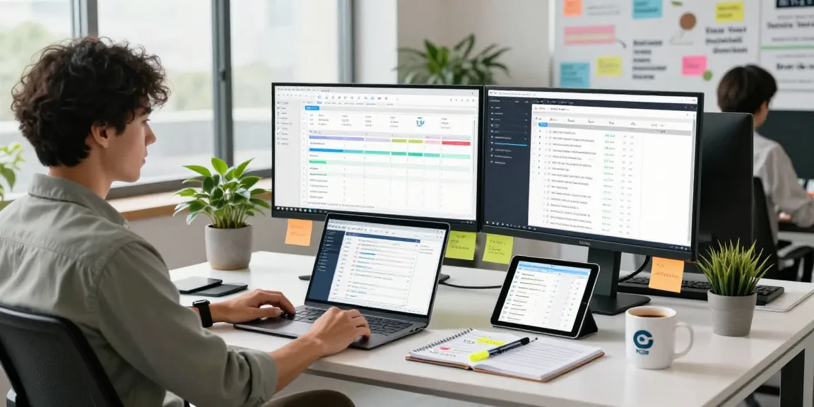 Professional using RTI scheduler software in modern office with analytics dashboard.