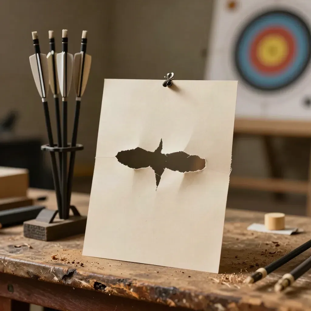 Paper-tune target with three arrows and a carbon shaft rack in a cozy archery shop.