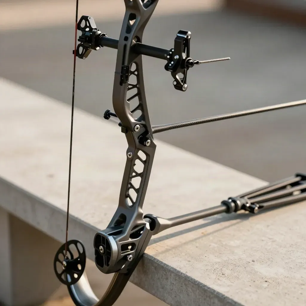 Macro of a fitted compound bow with tuning parts on a concrete bench
