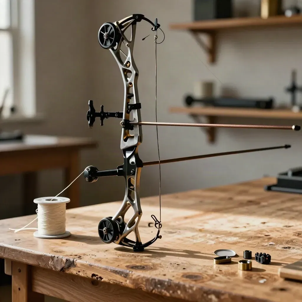 Compound bow in a press with new strings, wax tin, spool and tuning parts on a workbench