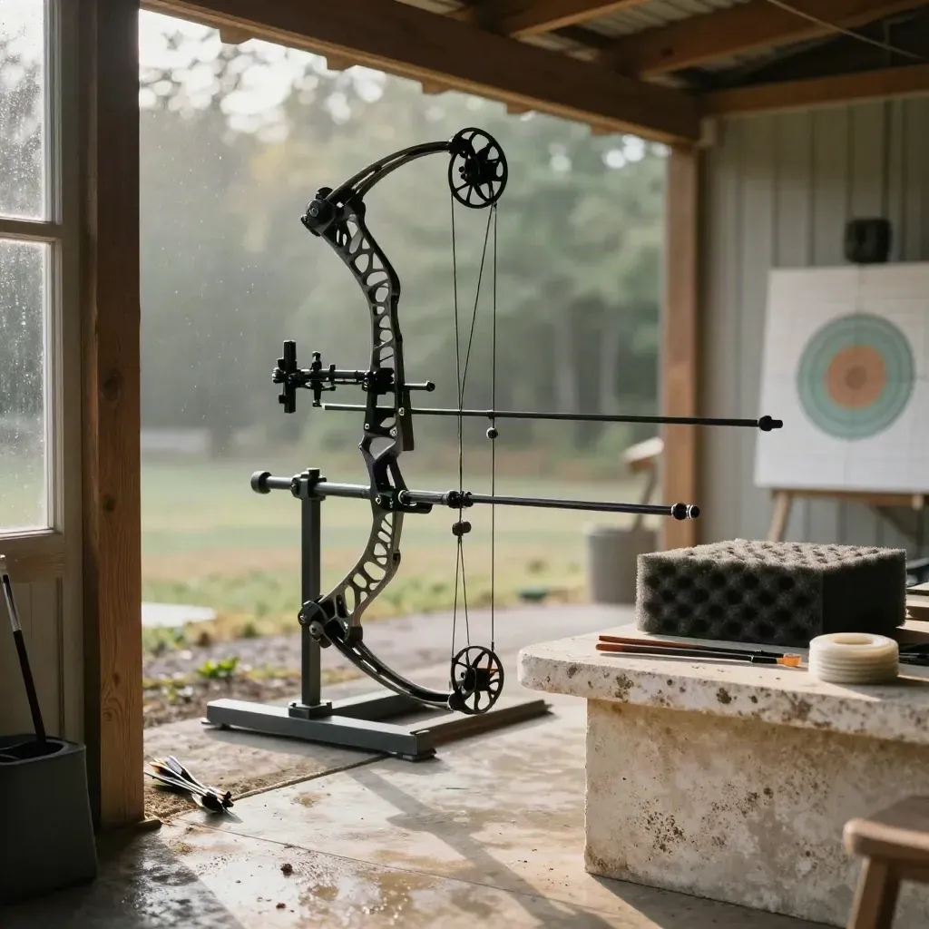 Compound bow tuning workspace with arrows, bow press, wax, target block and wet workshop light.