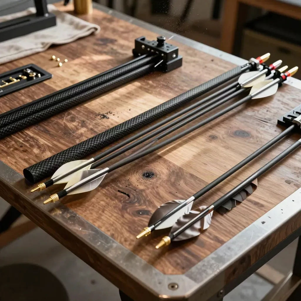 Arrow building tools and finished carbon arrows arranged diagonally on a walnut workbench