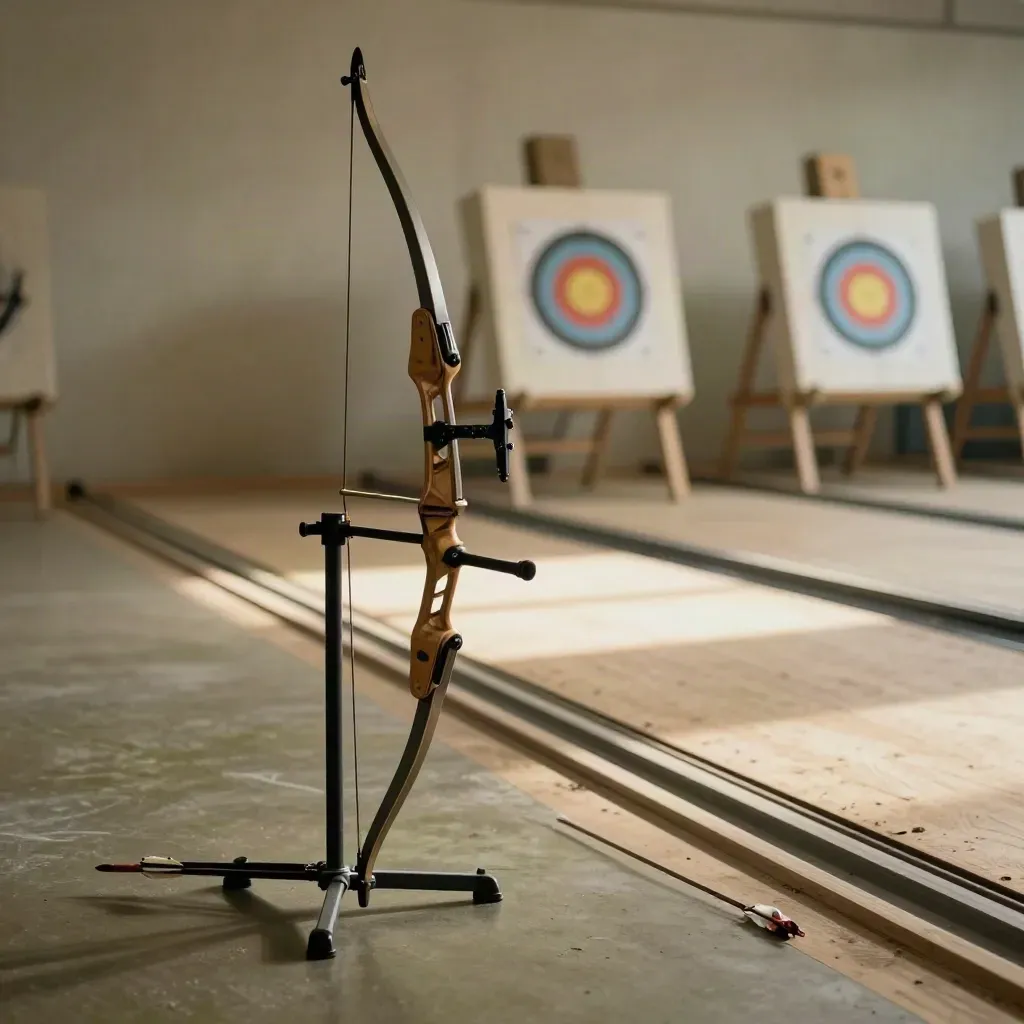 Recurve bow, target bale, arm guard, finger tab, and arrows ready in a quiet indoor archery lane.