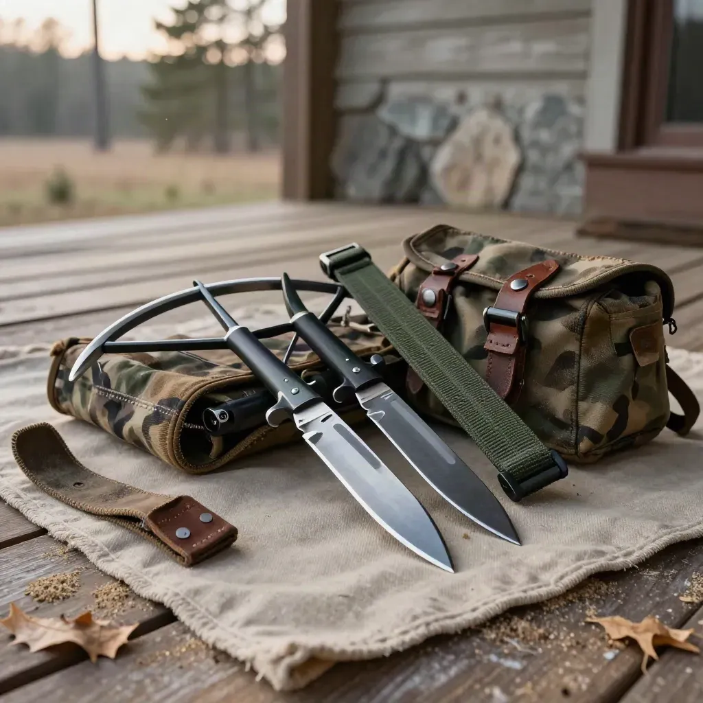 Hunting gear kit with broadheads, quiver, sling, and field pouch on a canvas mat.