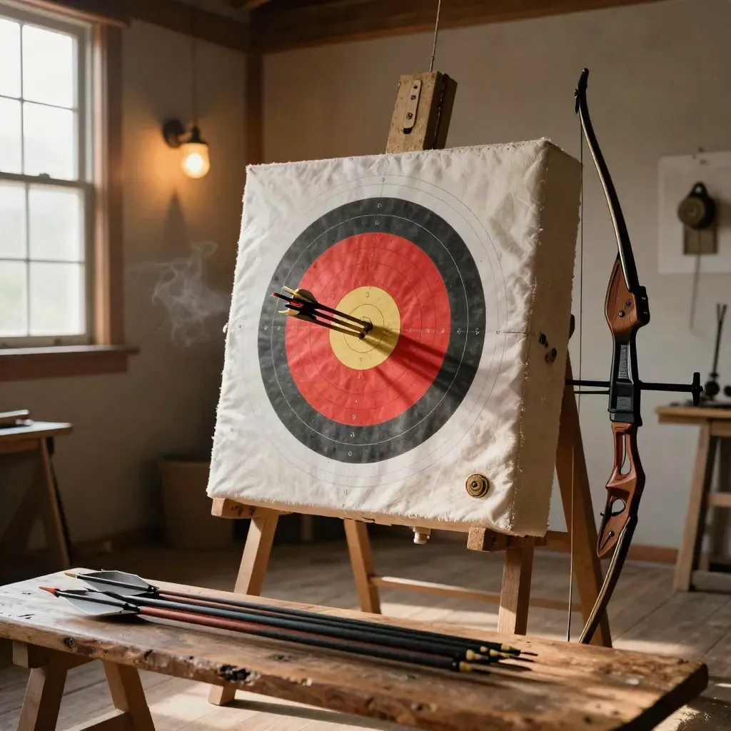 Tight arrow group on a foam target beside a resting hunting bow and broadheads in a warm workshop.