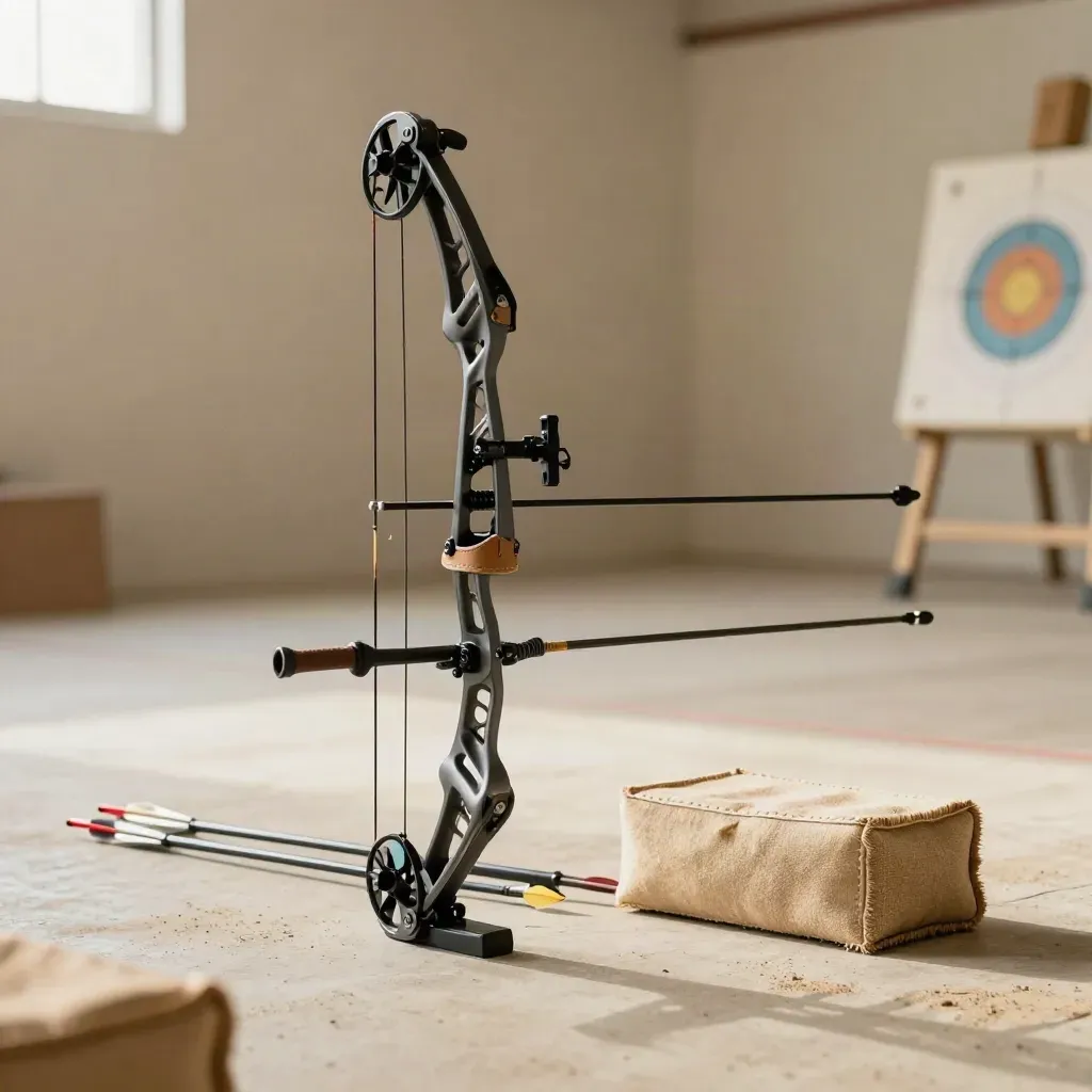 Youth compound bow setup beside a foam bale, arrows, arm guard, and finger tab in a clean indoor range.