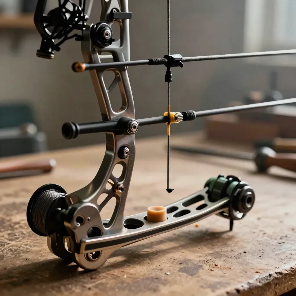 Macro of a compound bow’s new strings, cams, D-loop, wax and serving thread on a workshop bench.