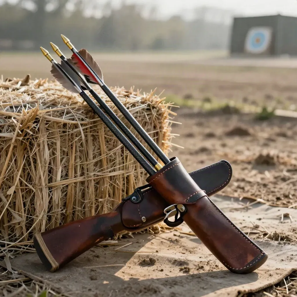 Top-down wind-ready arrows and a weathered quiver beside a target bale at dawn.