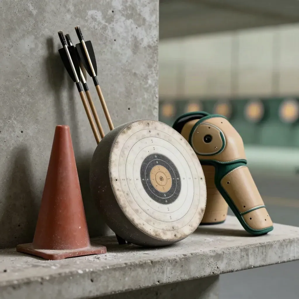 Foam target face, arrows, lane cone, and arm guard on a concrete shelf.