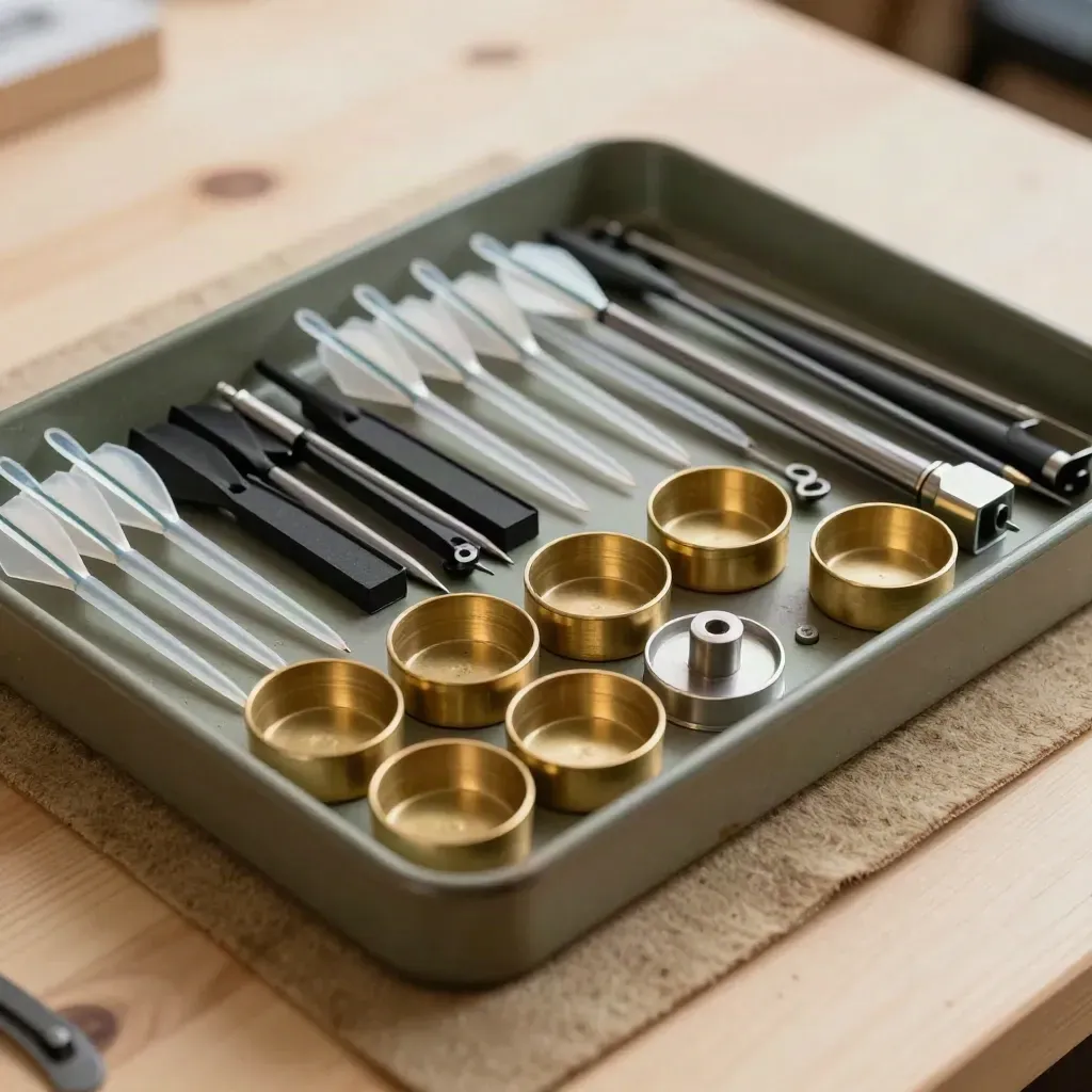 Archery parts tray with nocks, inserts, field points and brass bins.