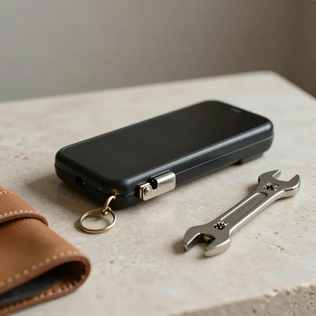 Face-down phone, bow latch, key ring and tuning wrench on pale stone.