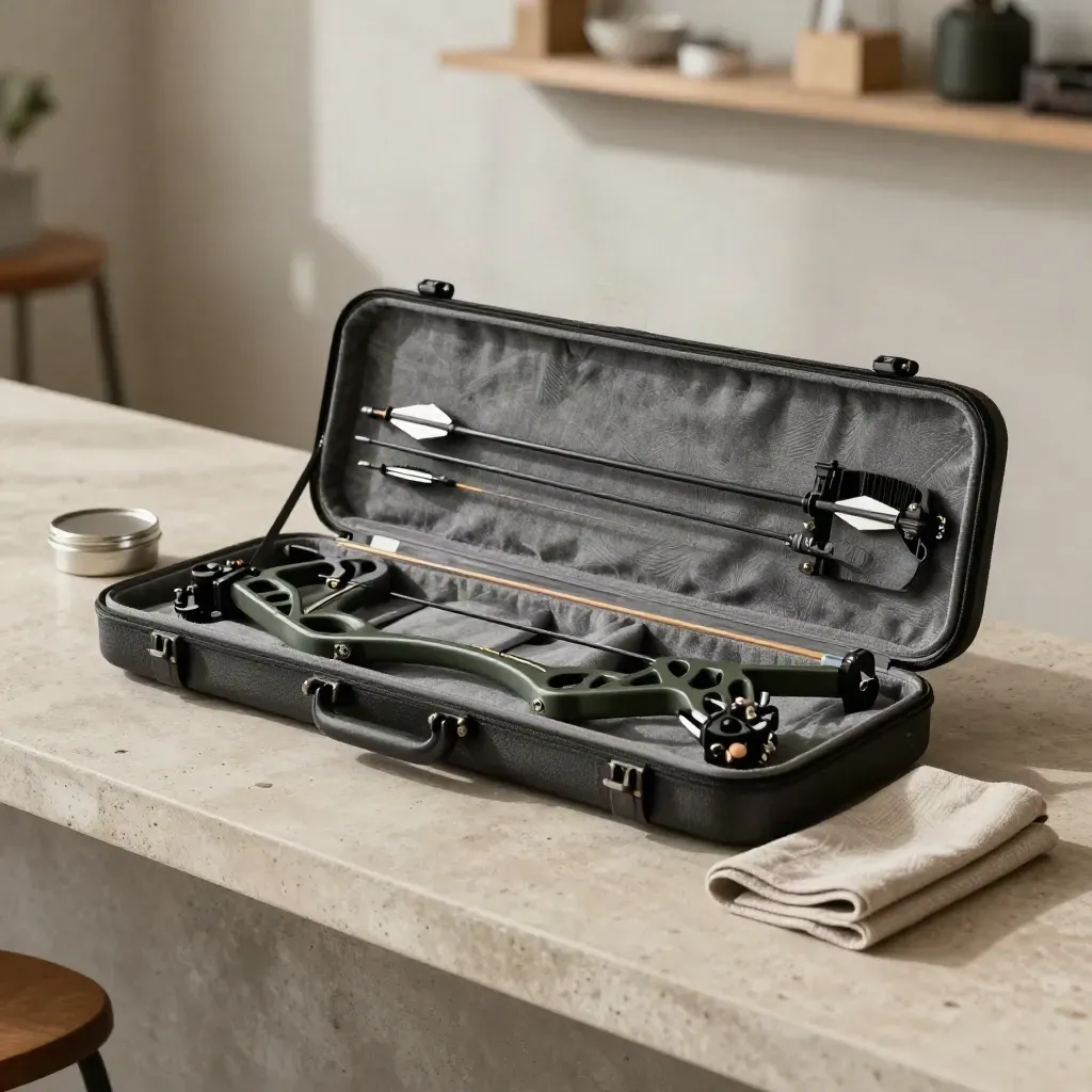 Compound bow in open case with arrows, wax tin, and folded cloth on concrete tray