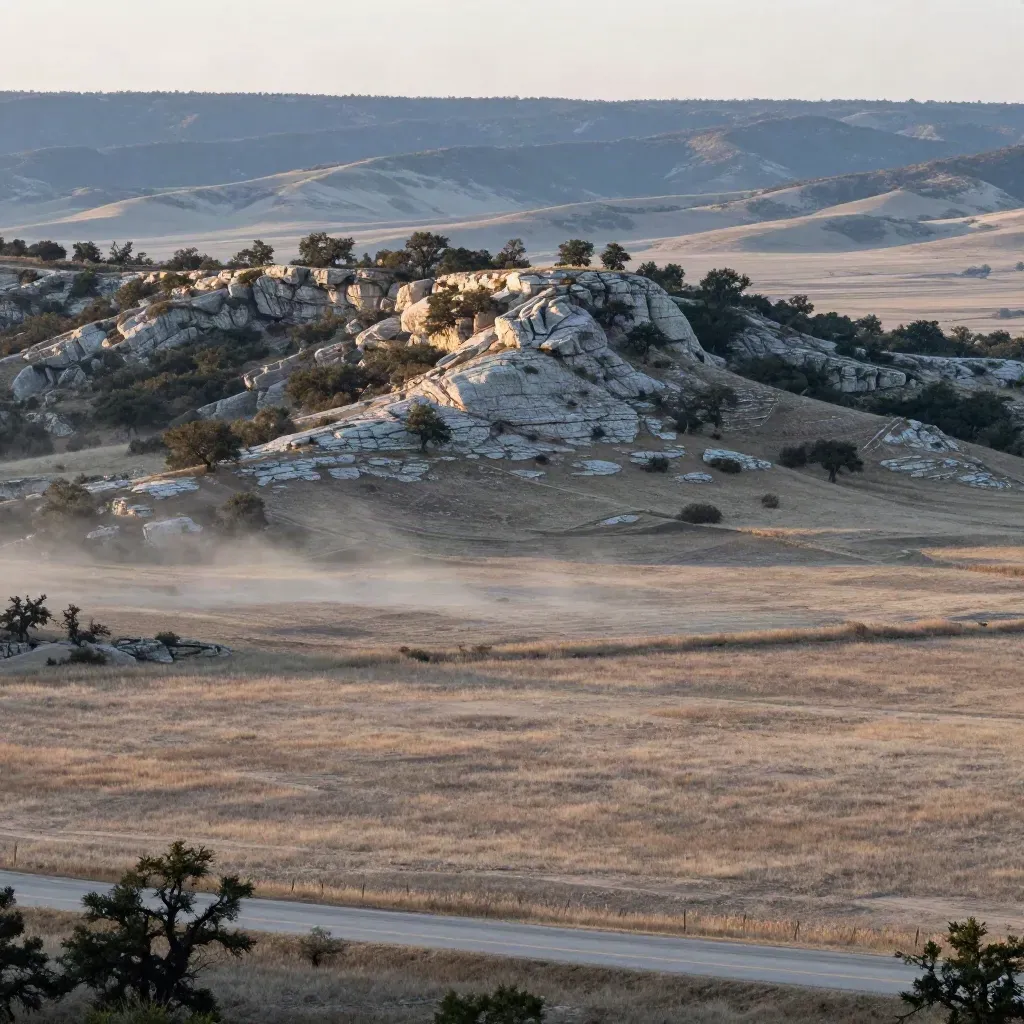 Golden Hill Country ridge above quiet live oaks and hazy limestone slopes near Dripping Springs.