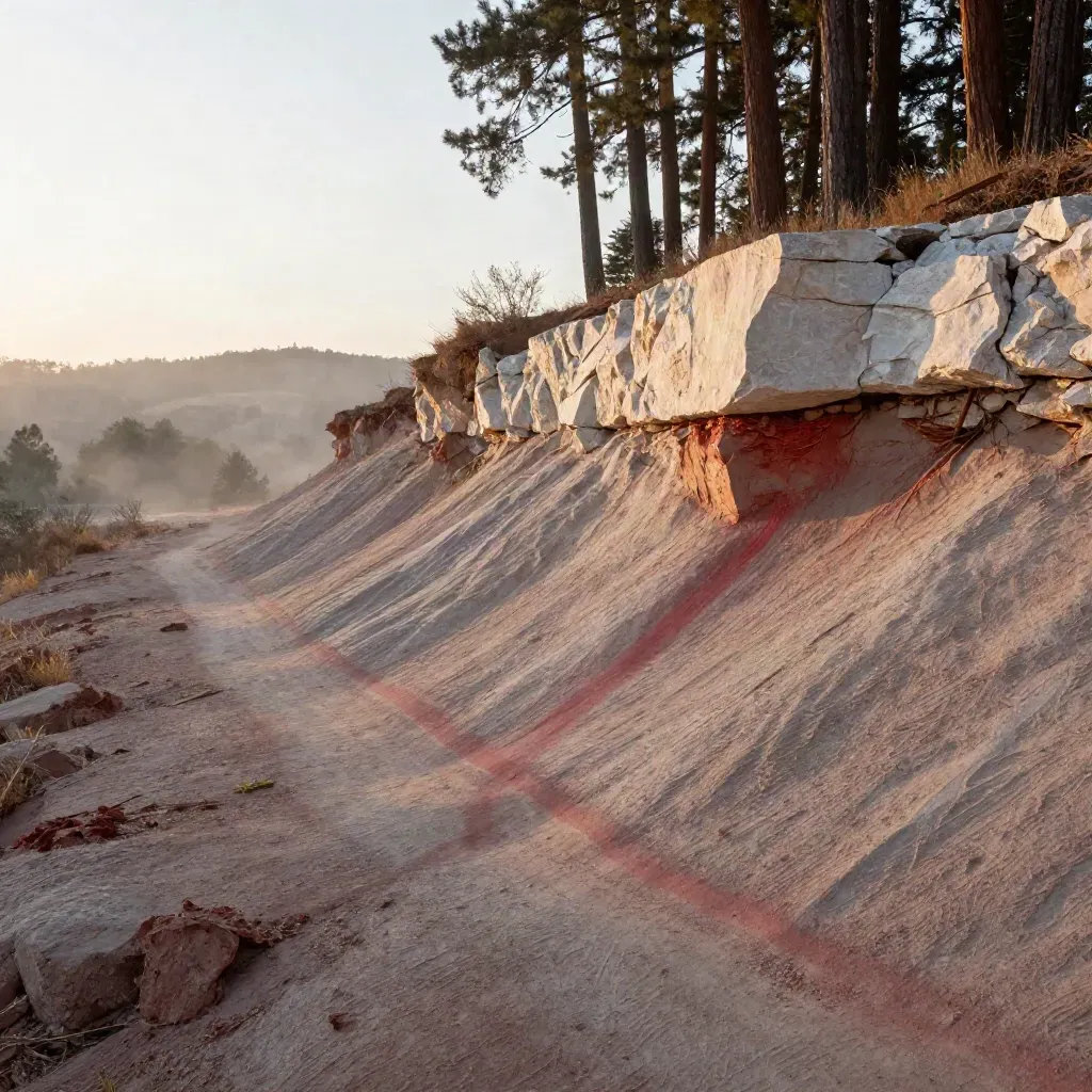 Red-clay roadcut with limestone ledge and cedar trunks in sunrise haze