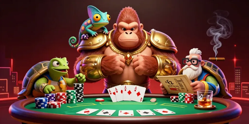 Bongdalu showcases intense action as a powerful gorilla king flaunts poker skills amidst vibrant game elements.