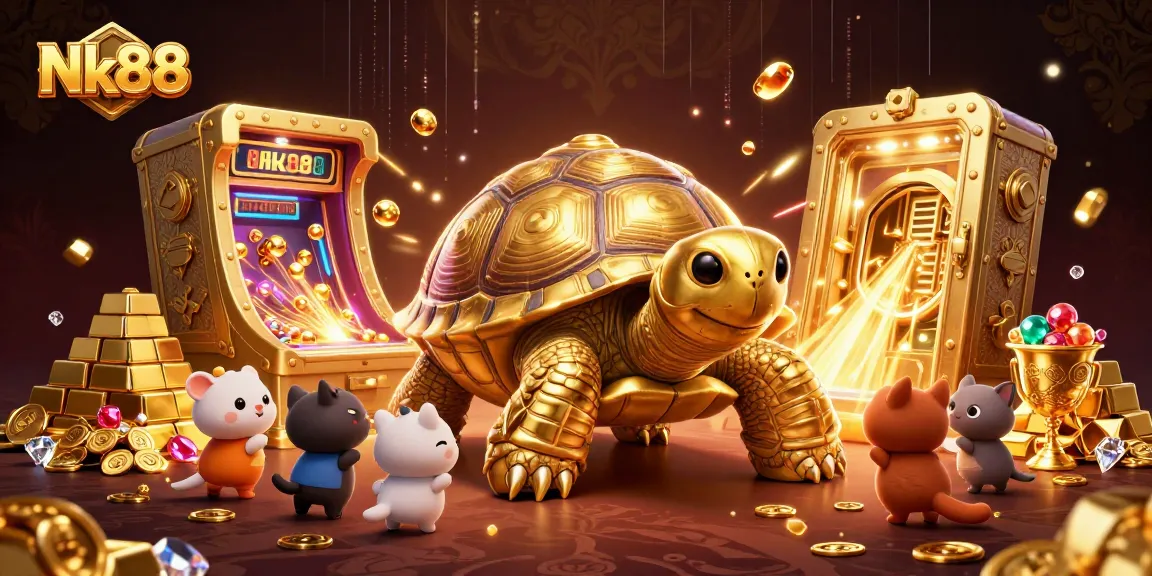 Engage with Nk88’s thrilling gaming experience featuring a golden tortoise pinball machine.