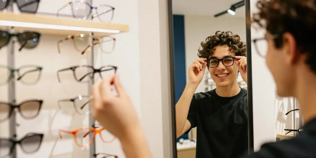 Jovem experimentando óculos de grau estilosos em loja de moda.