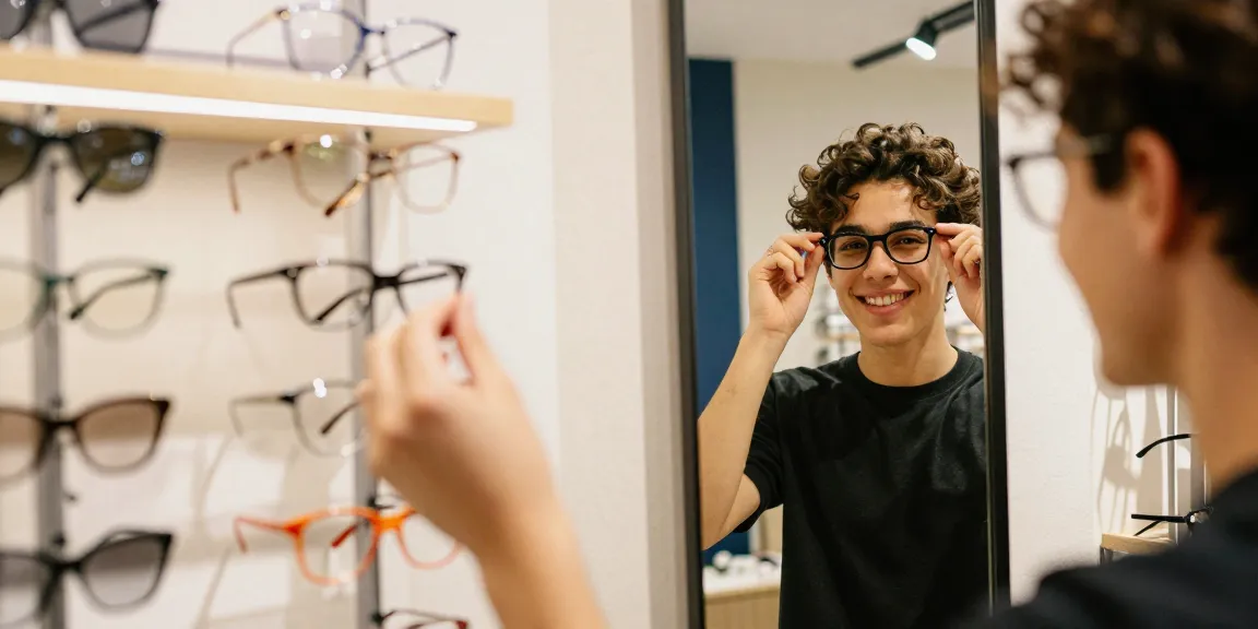Jovem experimentando óculos de grau estilosos em loja de moda.